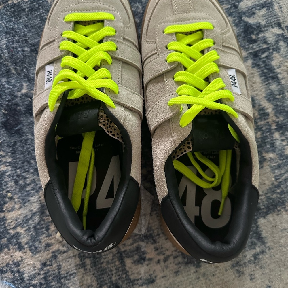P448 Taupe Sneakers with Bright Yellow Laces